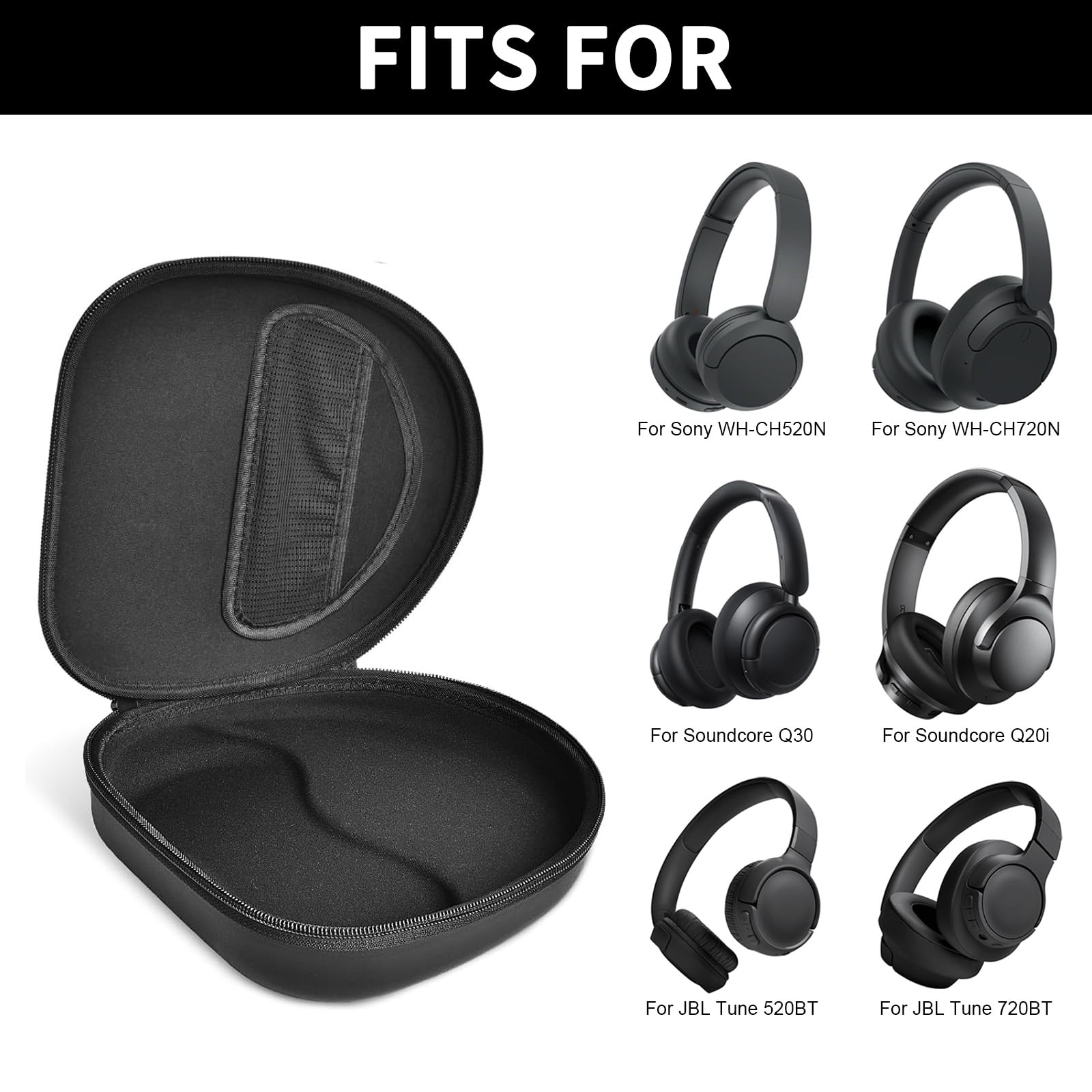 Open black headphone case shown with compatible Sony and JBL over-ear headphones