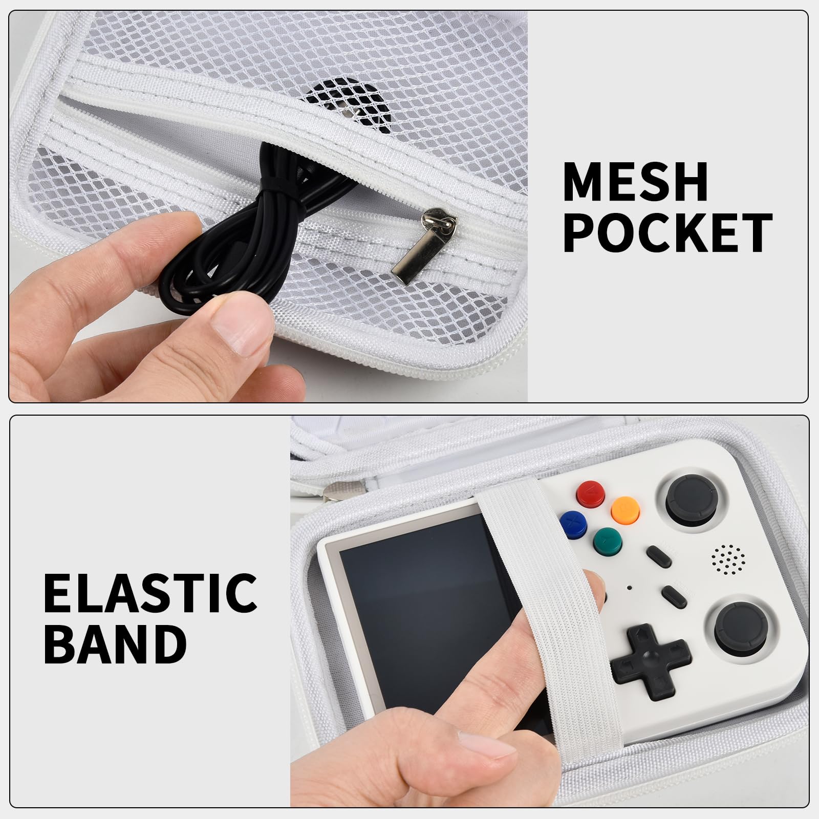 White retro handheld console carrying case mesh cable pocket and elastic console strap interior