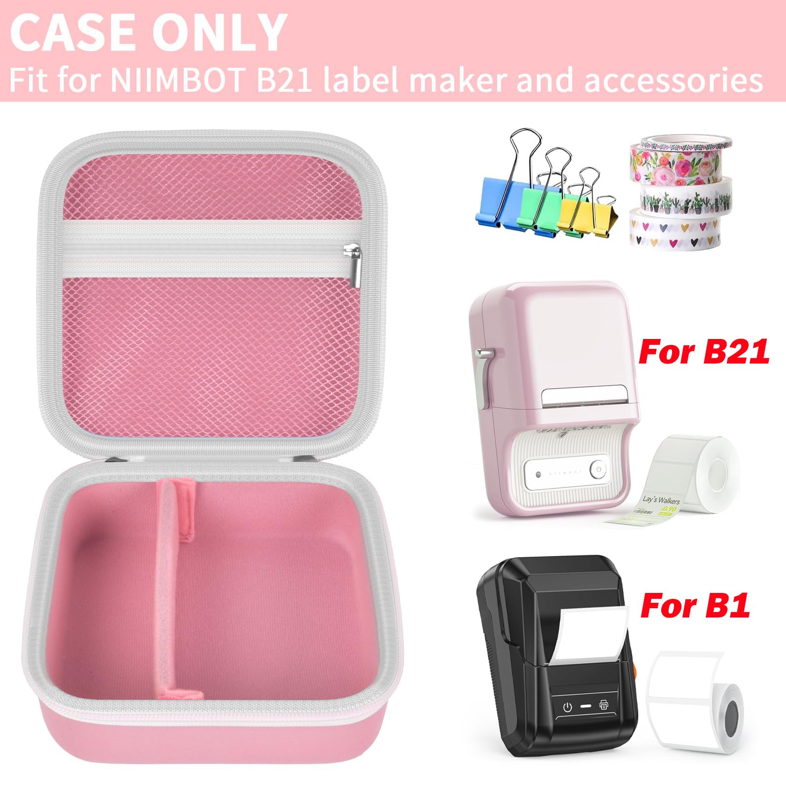 Open pink NIIMBOT B21 and B1 label maker case with mesh pocket and divided interior; case only