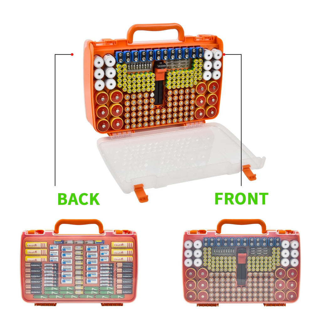 Orange 269-slot battery organizer case double-sided front and back storage layout
