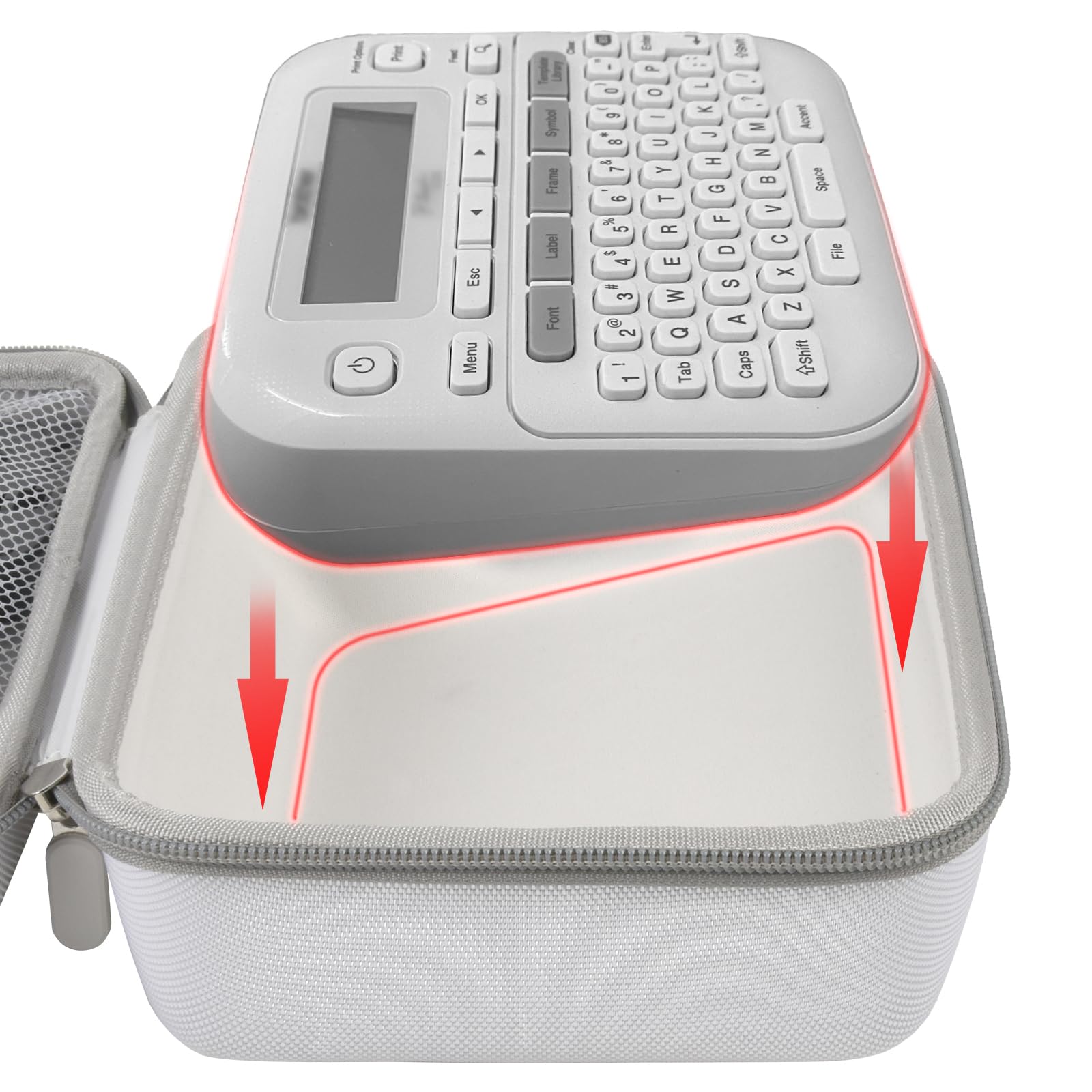 P-touch label maker fitted inside the gray carrying case