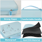 Blue jewelry case with strong zipper, handle, water-resistant shell, and hard EVA construction