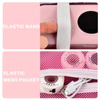 Pink case interior with elastic printer strap and mesh accessory pocket