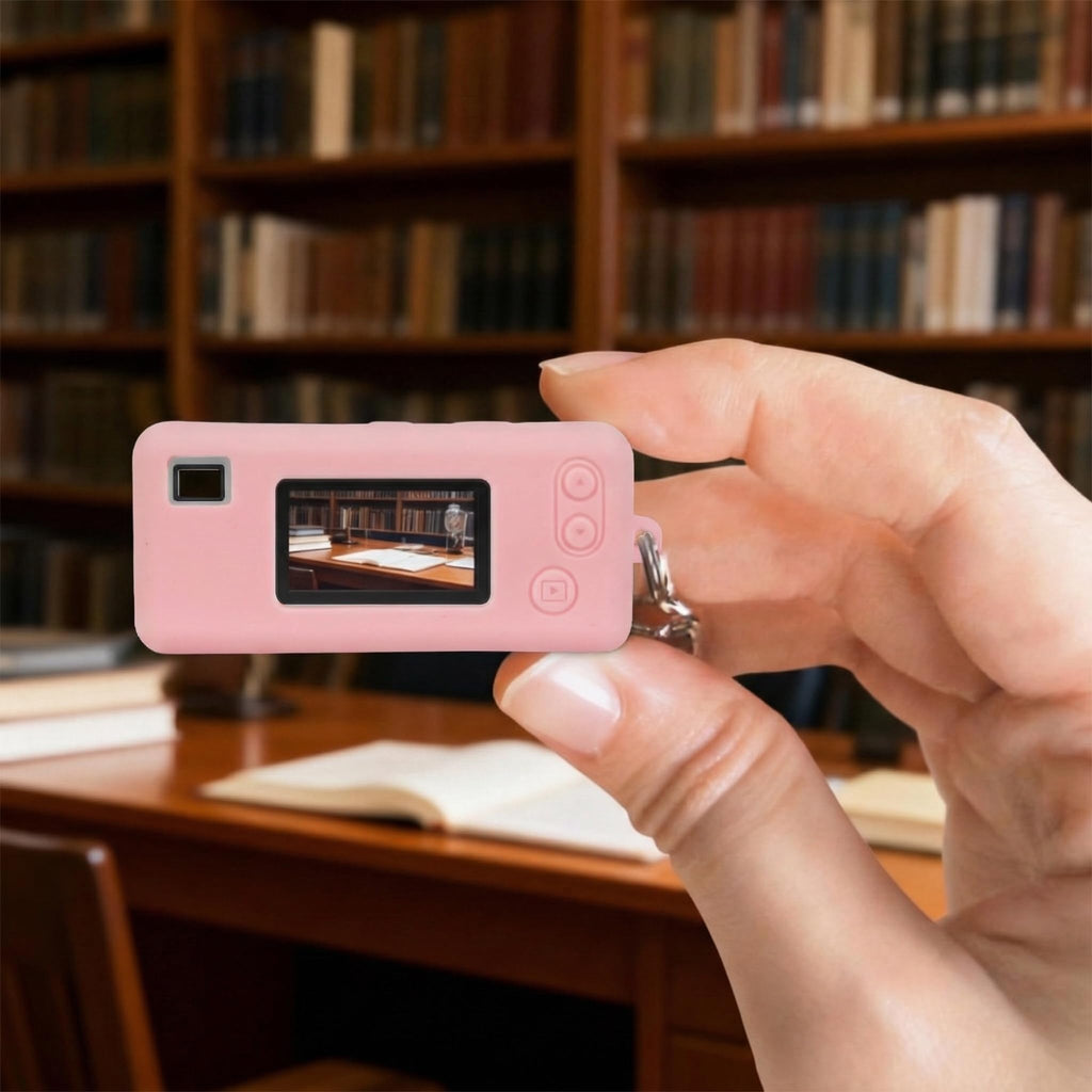 Light pink silicone case for Kodak Charmera keychain camera shown on the camera while taking a photo indoors