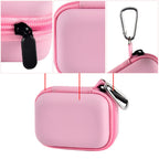 Pink mini power bank case with protective shell, zipper, and carabiner details
