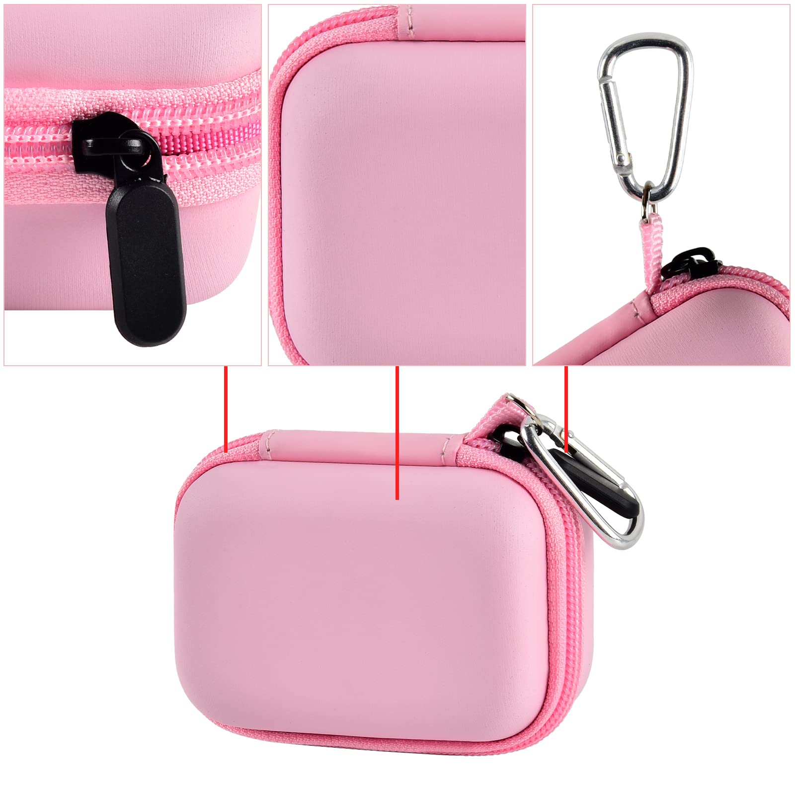 Pink mini power bank case with protective shell, zipper, and carabiner details