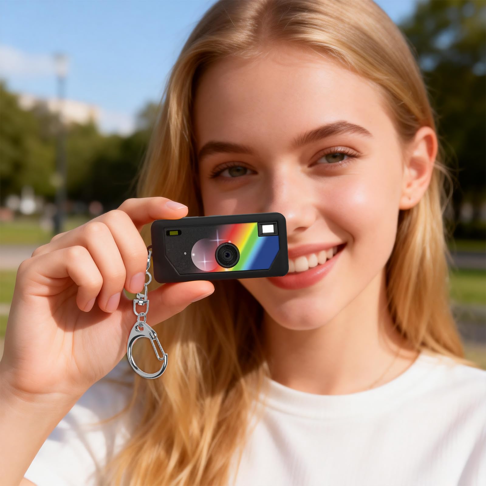 Black silicone case for Kodak Charmera keychain camera shown with a woman holding the camera on its keychain