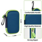 Navy and green portable SSD case dimensions with carabiner, zipper, and hard shell