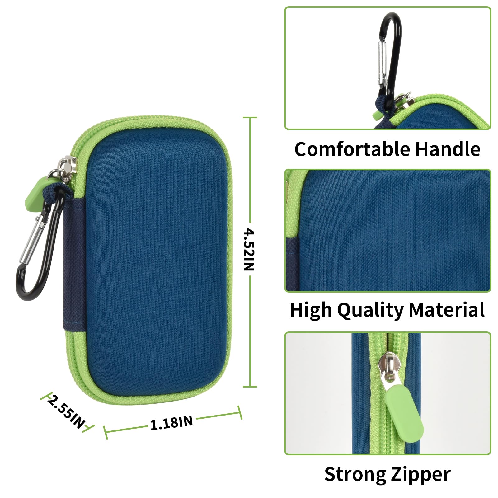 Navy and green portable SSD case dimensions with carabiner, zipper, and hard shell