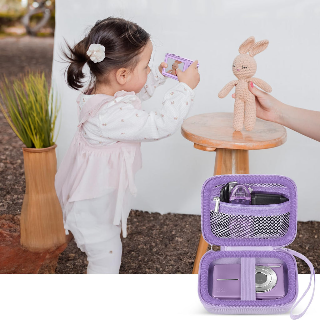 Lavender protective digital camera case shown beside a child using a compact camera