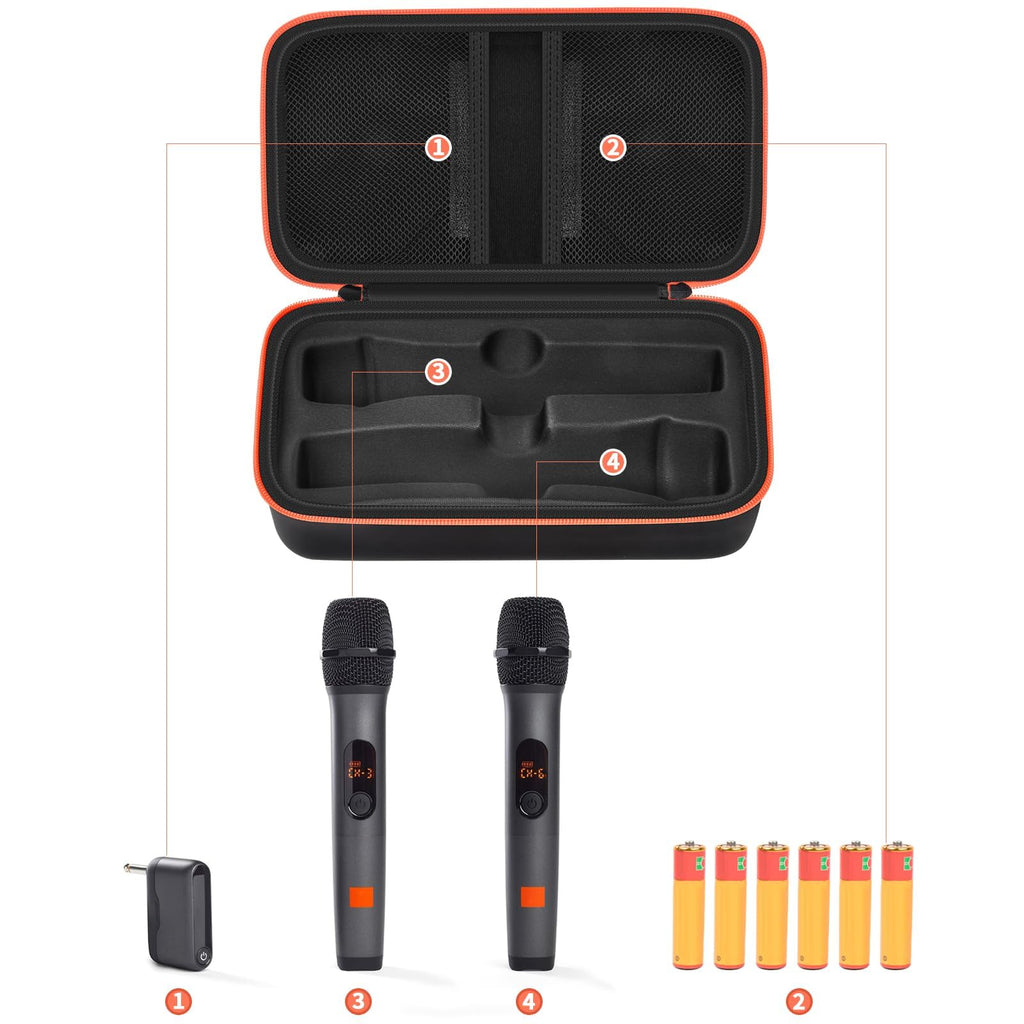 Open black and orange JBL PartyBox wireless microphone case with dual mic compartments and battery storage