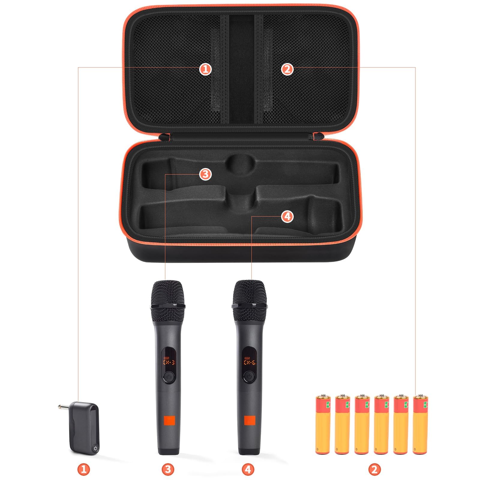 Open black and orange JBL PartyBox wireless microphone case with dual mic compartments and battery storage