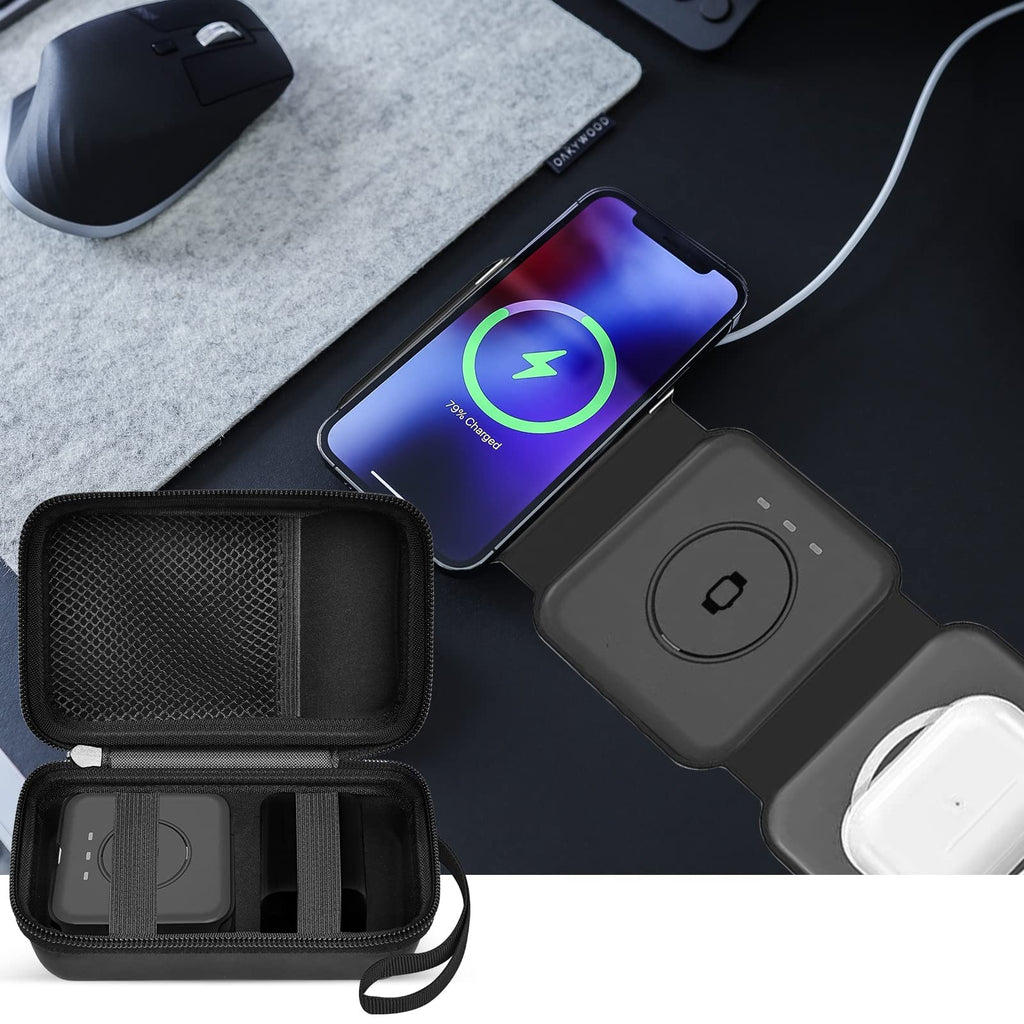 Open black organizer beside a foldable magnetic charging station in use on a desk