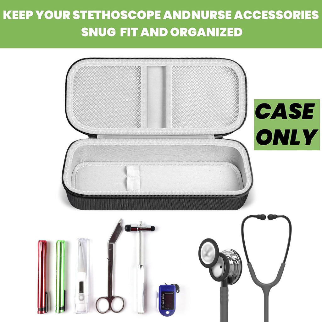 Open gray hard stethoscope case with organized compartments for medical accessories
