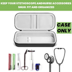 Open gray hard stethoscope case with organized compartments for medical accessories