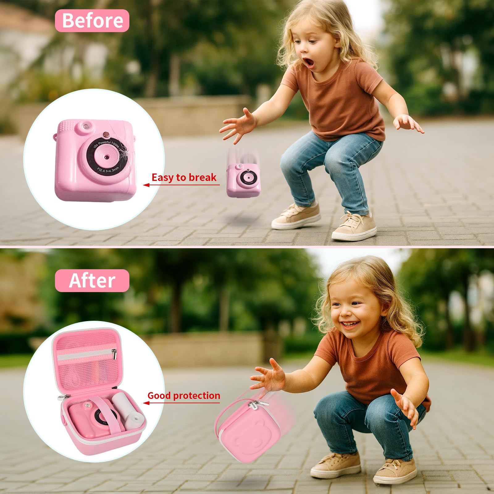 Pink bear-shaped kids instant print camera case before-and-after storage comparison