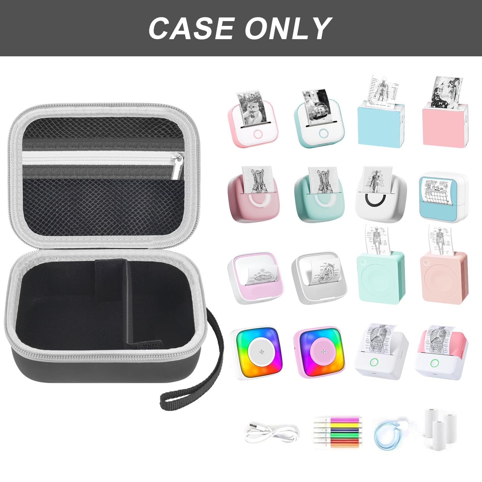 Open black mini label printer case shown with compatible Memoking and Phomemo printers; case only