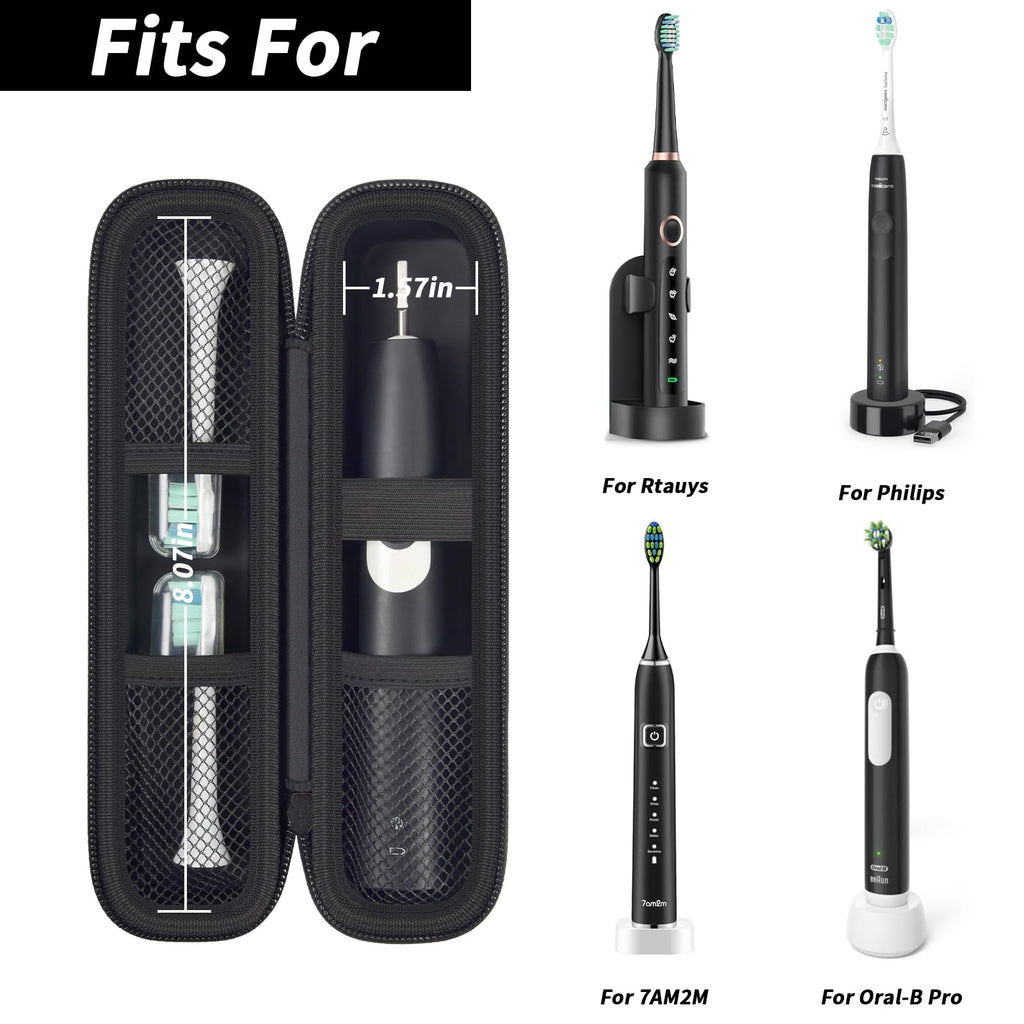 Open black slim toothbrush case shown with several compatible electric toothbrush handles