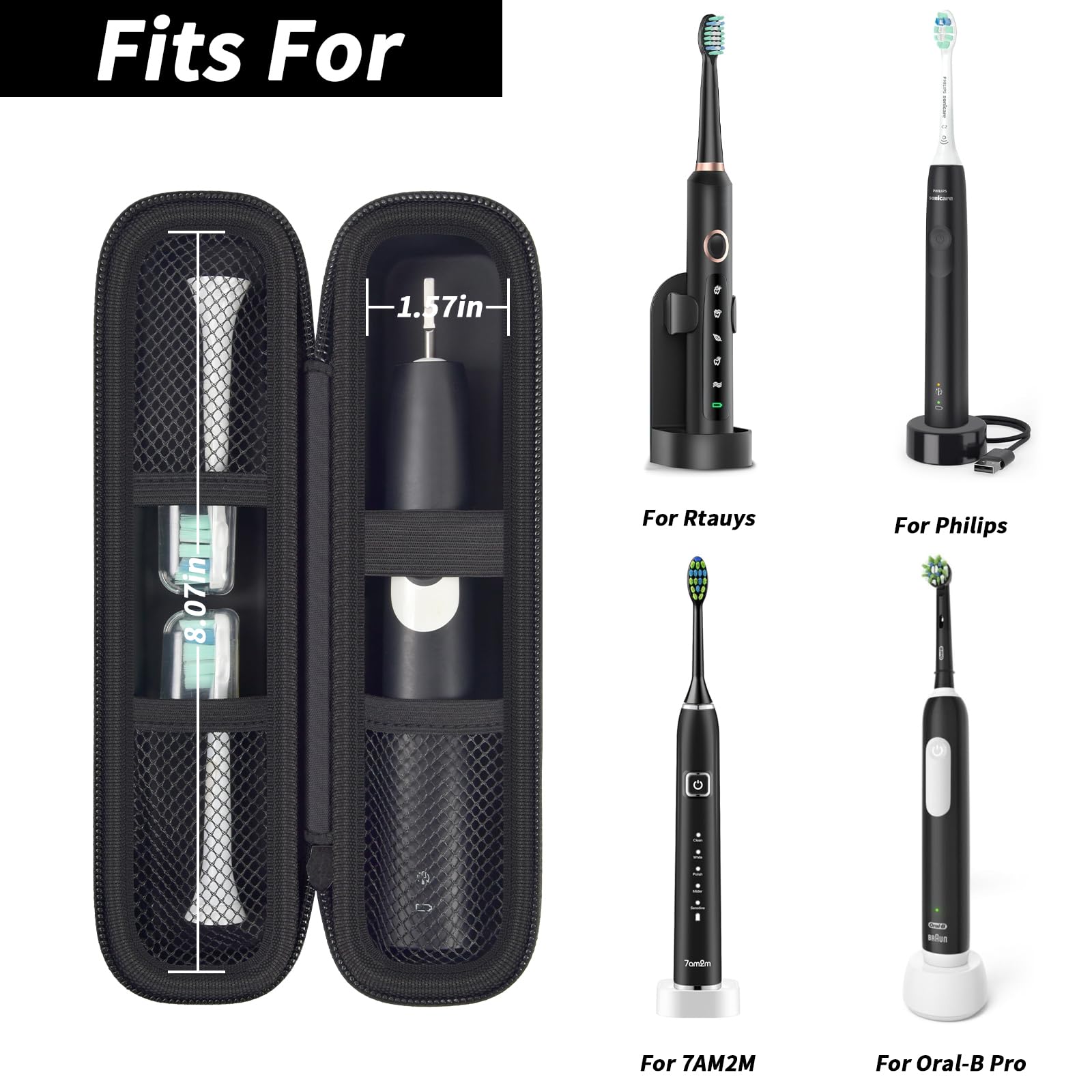 Open black slim toothbrush case shown with several compatible electric toothbrush handles