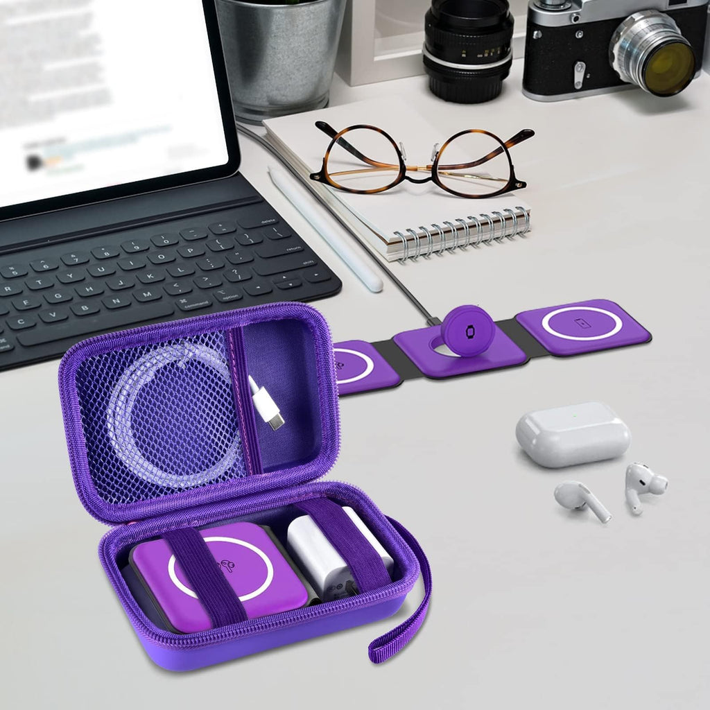 Open purple case organizing a foldable magnetic charger, cable, and adapter on a desk