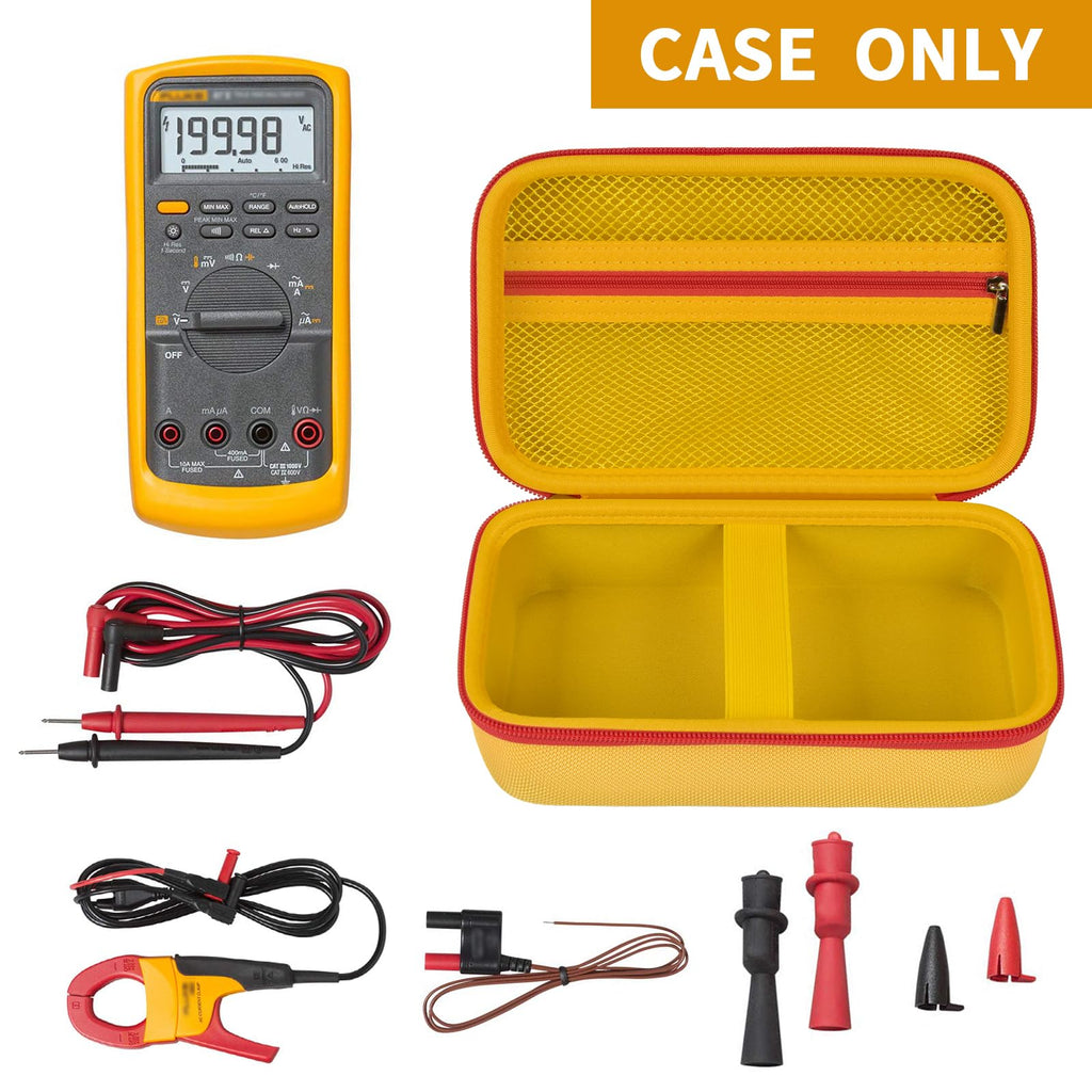 Open yellow and red multimeter case with mesh pocket, test leads, probes, and accessories; case only