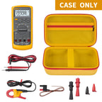 Open yellow and red multimeter case with mesh pocket, test leads, probes, and accessories; case only