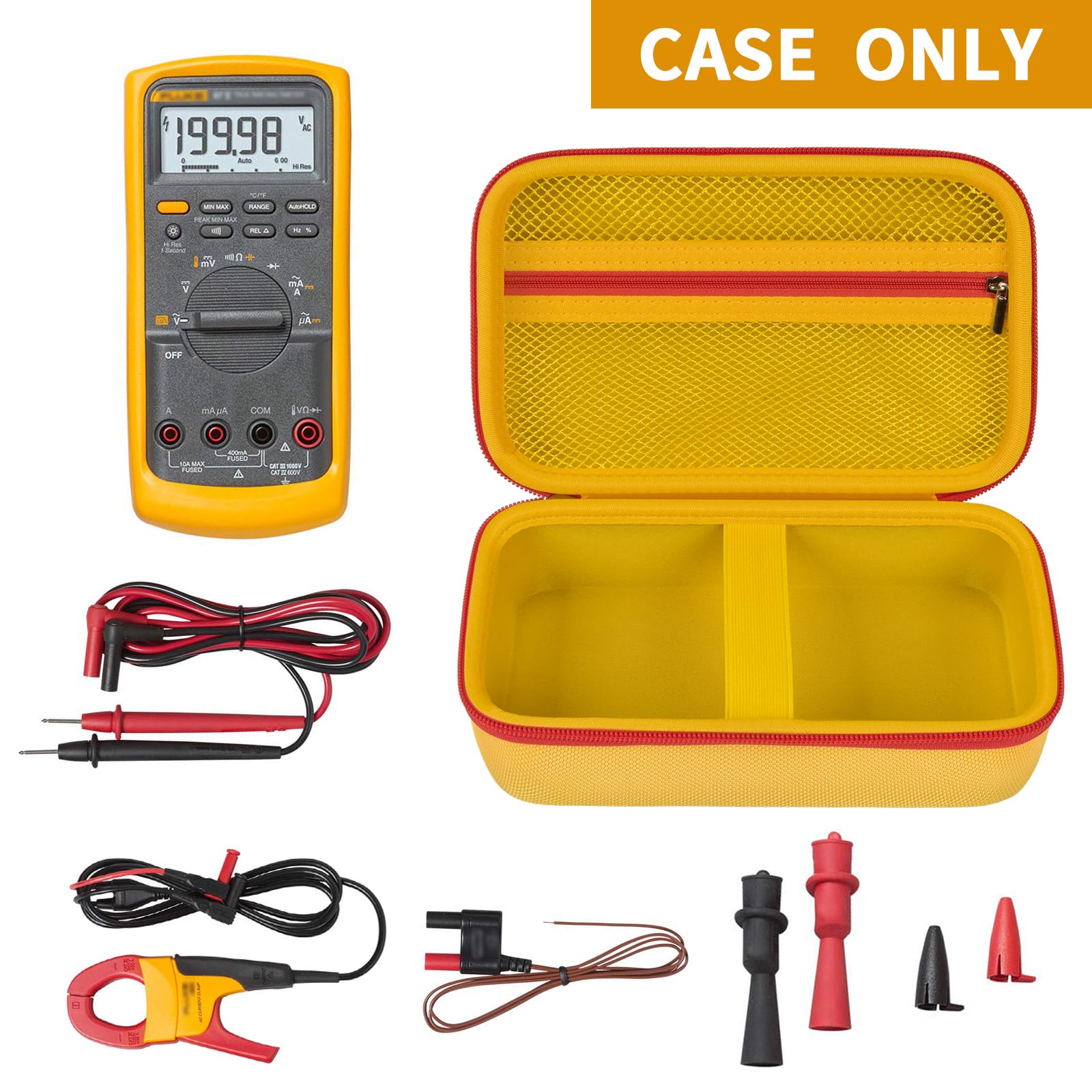 Open yellow and red multimeter case with mesh pocket, test leads, probes, and accessories; case only