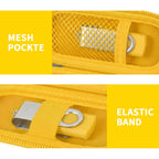 Yellow USB flash drive and SD card storage case mesh pocket and elastic strap interior