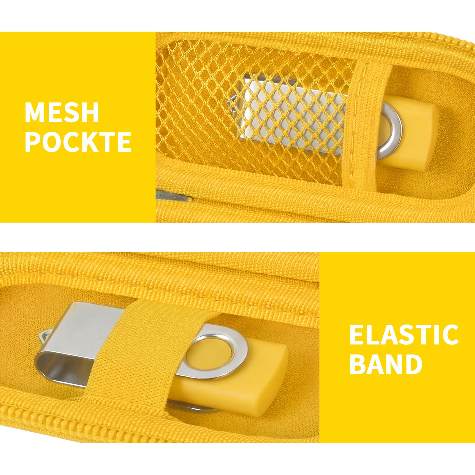 Yellow USB flash drive and SD card storage case mesh pocket and elastic strap interior