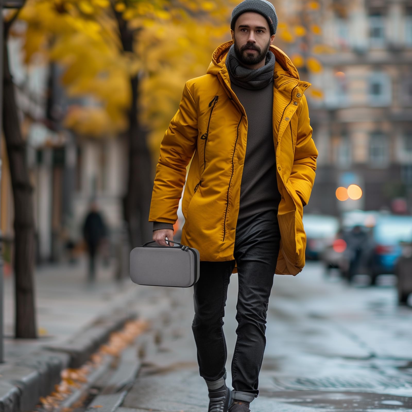 Person carrying the dark gray dual microphone case by its top handle