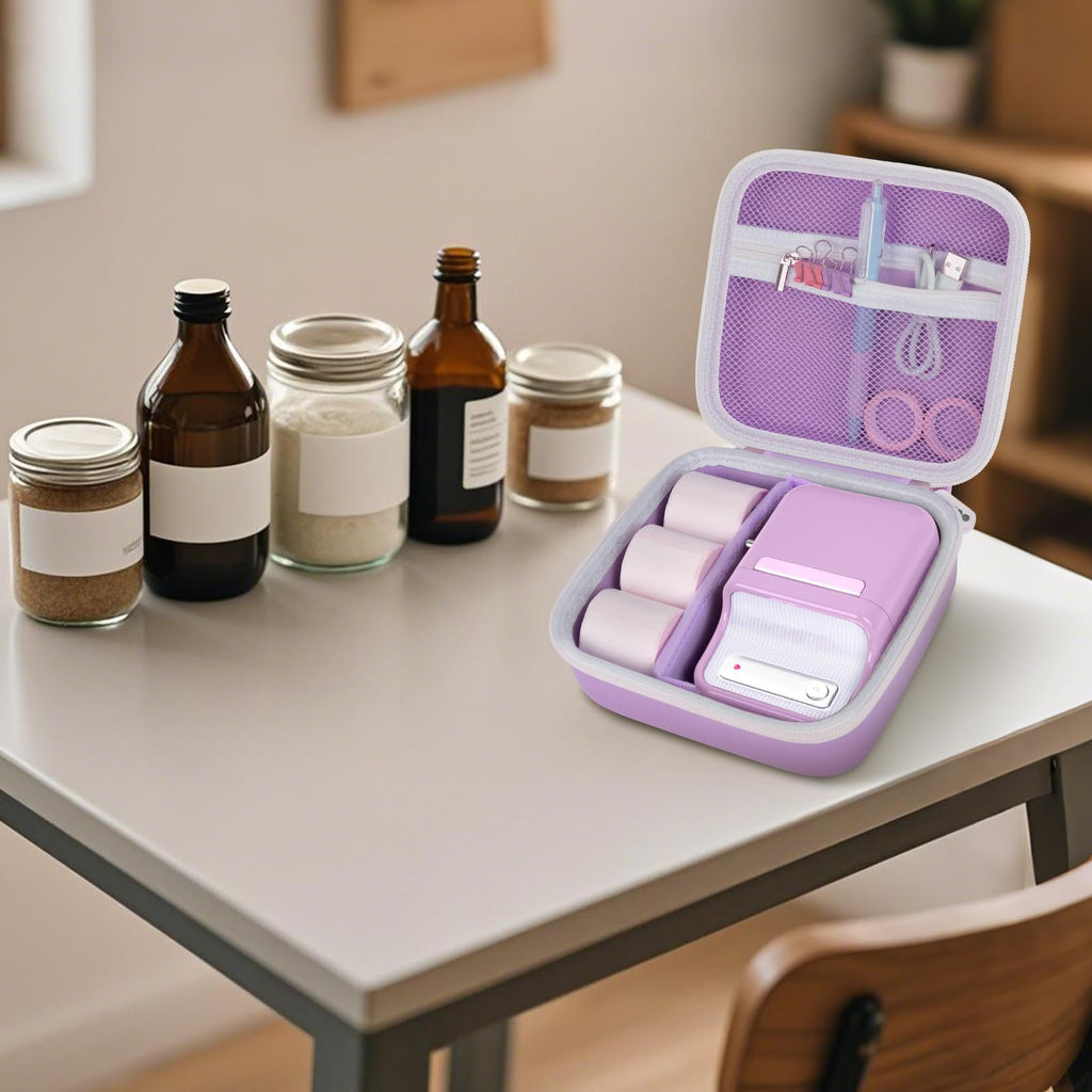Person carrying the purple NIIMBOT label maker case by its top handle