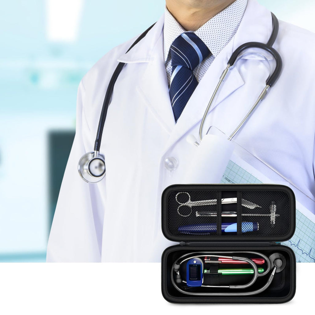 Doctor with an open black patterned stethoscope organizer case for medical accessories