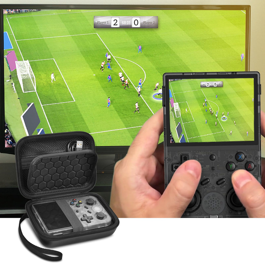 Black retro handheld console carrying case shown open beside a handheld console during gameplay