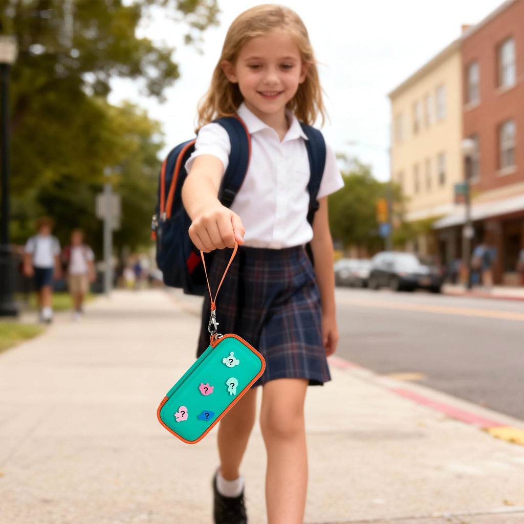 Student carrying the teal and orange 3D printing pen case by its wrist strap
