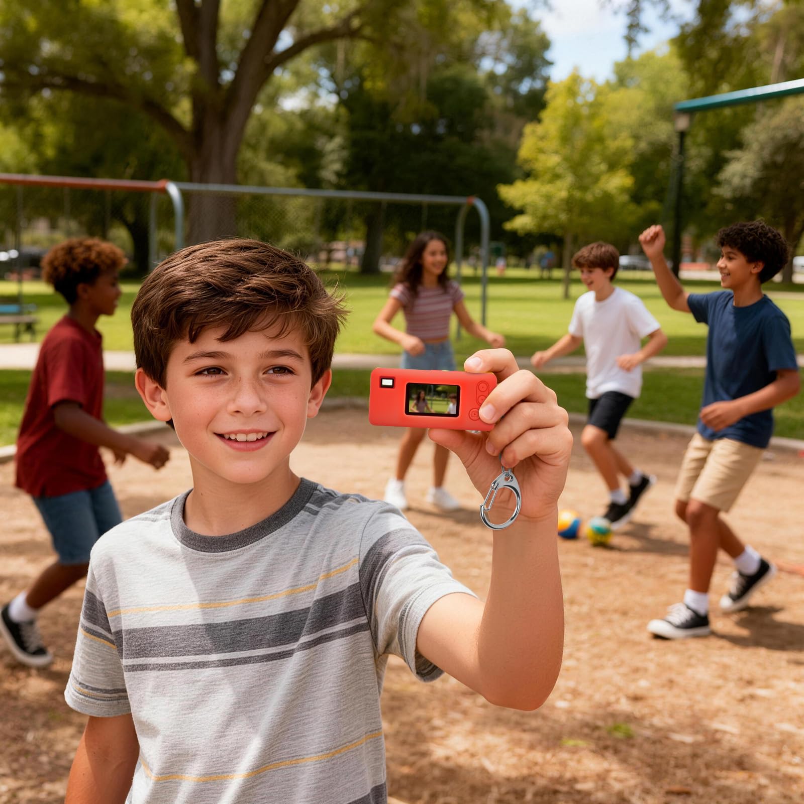 Red silicone case for Kodak Charmera keychain camera shown with a child using the keychain camera outdoors
