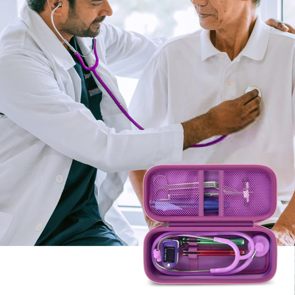 Open purple stethoscope organizer case shown during a patient examination