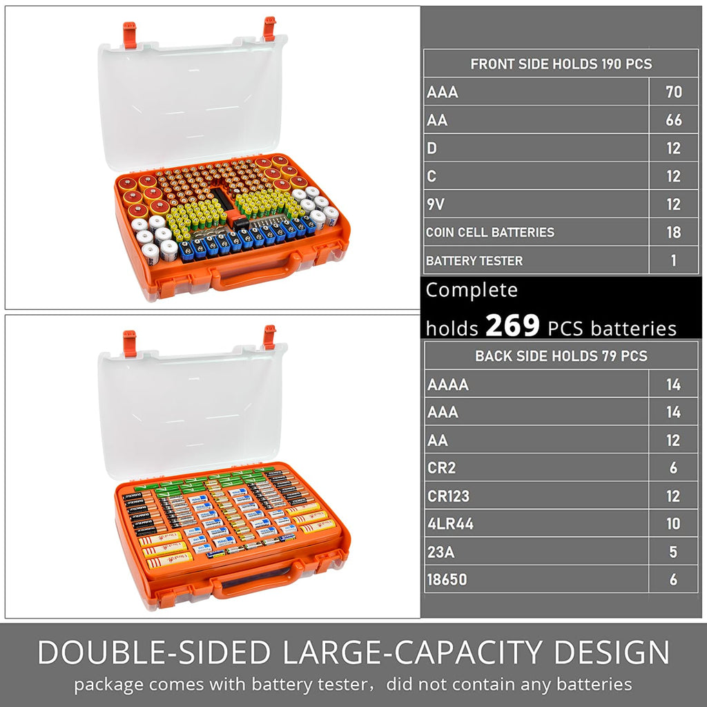 Orange 269-slot battery organizer case capacity chart for 269 battery slots