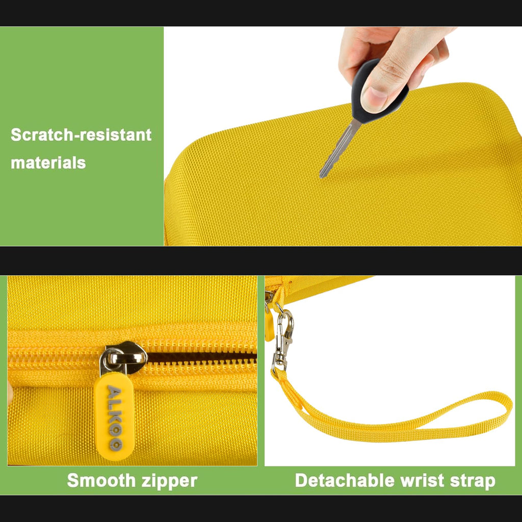 Yellow protective digital camera case scratch-resistant shell, zipper and wrist strap detail