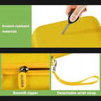 Yellow protective digital camera case scratch-resistant shell, zipper and wrist strap detail
