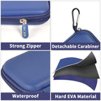 Blue portable SSD case with strong zipper, carabiner, water-resistant shell, and hard EVA construction