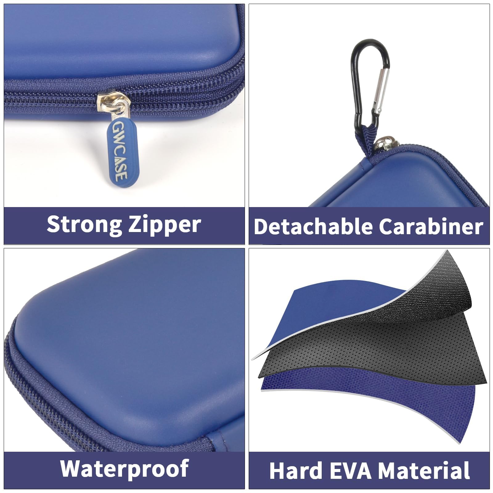 Blue portable SSD case with strong zipper, carabiner, water-resistant shell, and hard EVA construction
