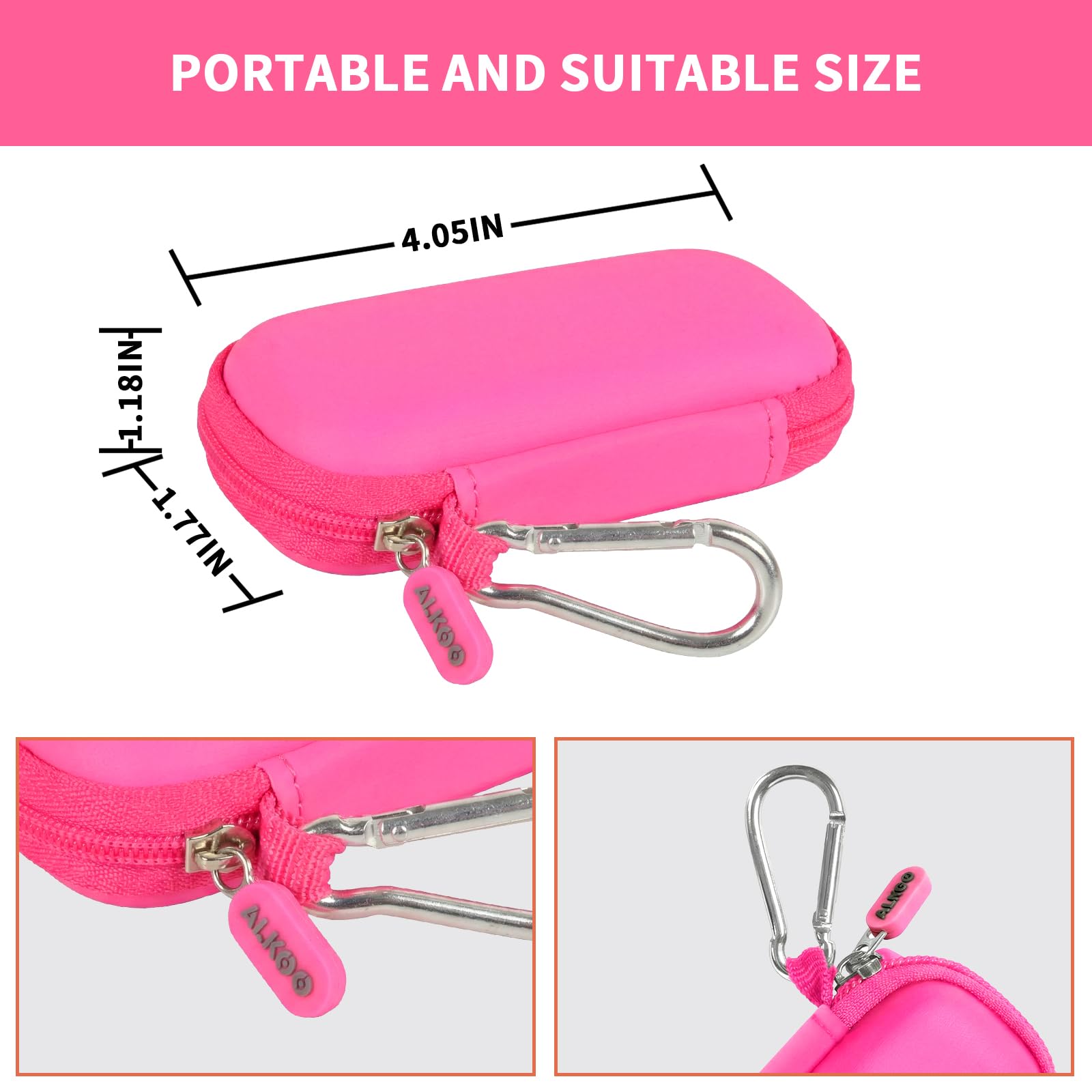Hot pink USB flash drive and SD card storage case compact dimensions and carabiner detail