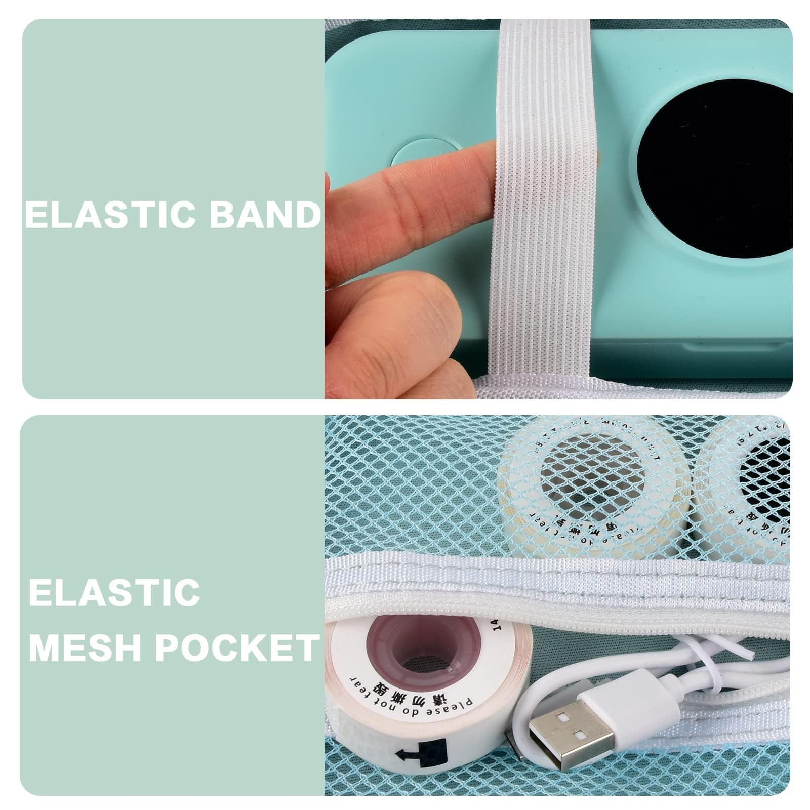 Mint green case interior with elastic printer strap and mesh accessory pocket