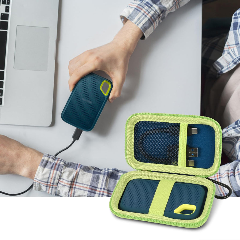 Open navy and green SSD organizer beside a SanDisk drive connected to a laptop