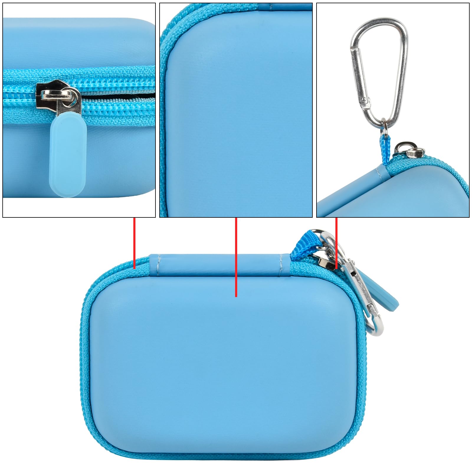Blue mini power bank case with protective shell, zipper, and carabiner details