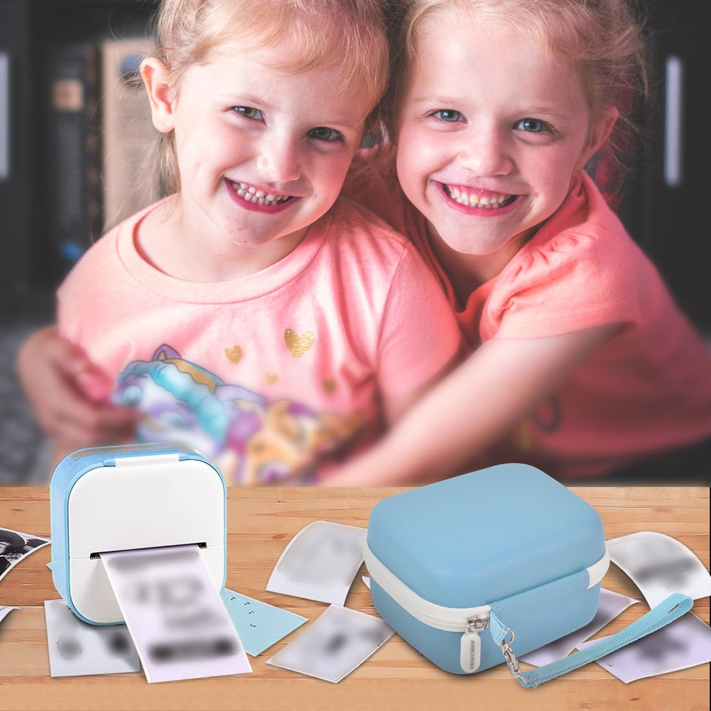 Children using a mini label printer beside the blue carrying case