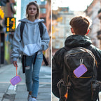 Purple and orange JBL Go speaker case carried by hand and attached to a backpack