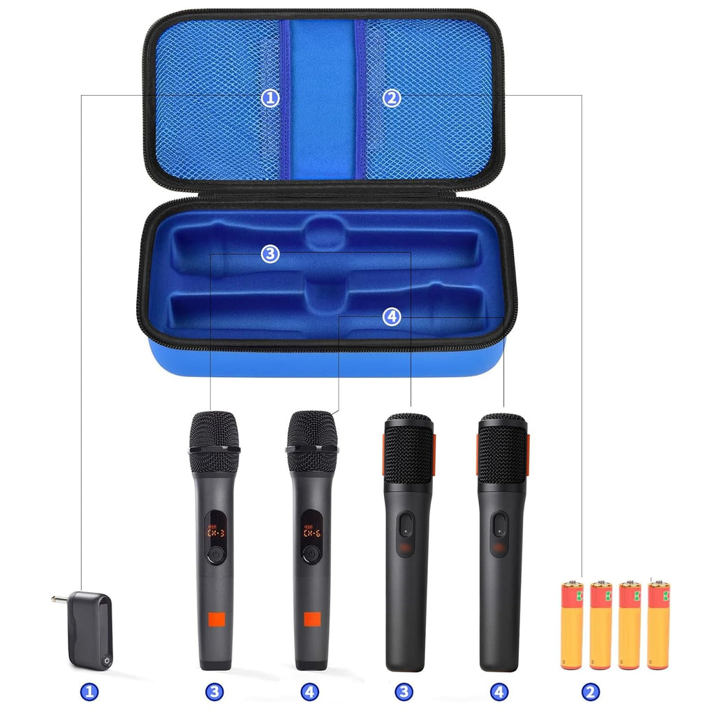 Open blue JBL PartyBox wireless microphone case with dual mic compartments and battery storage