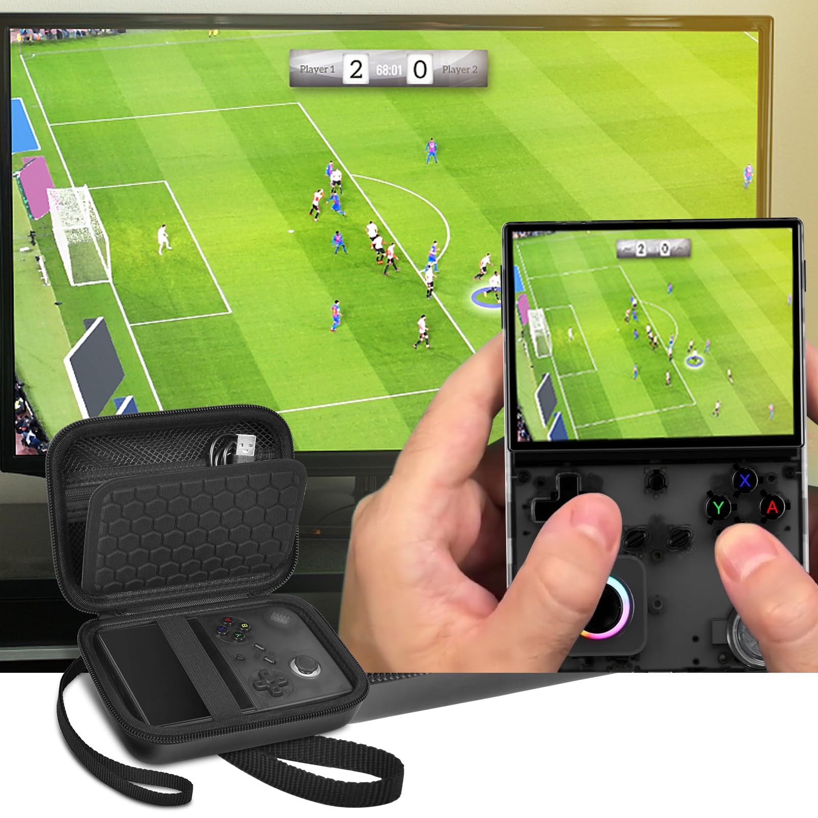 Black retro handheld console carrying case for RG40XX V shown open beside a handheld console during gameplay
