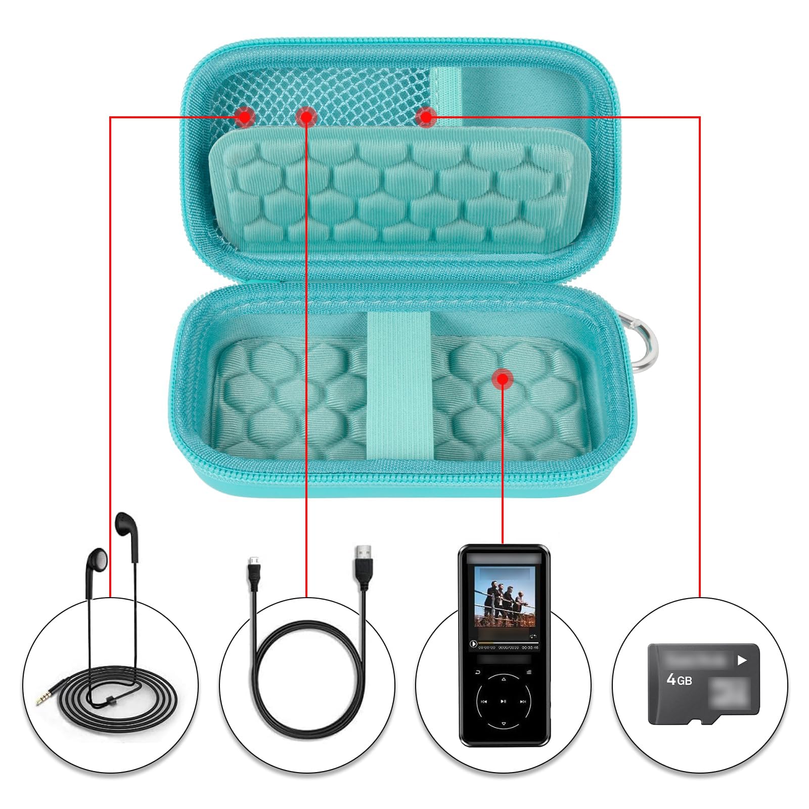 Open teal MP3 and MP4 player case with molded padding, mesh pocket, and elastic straps